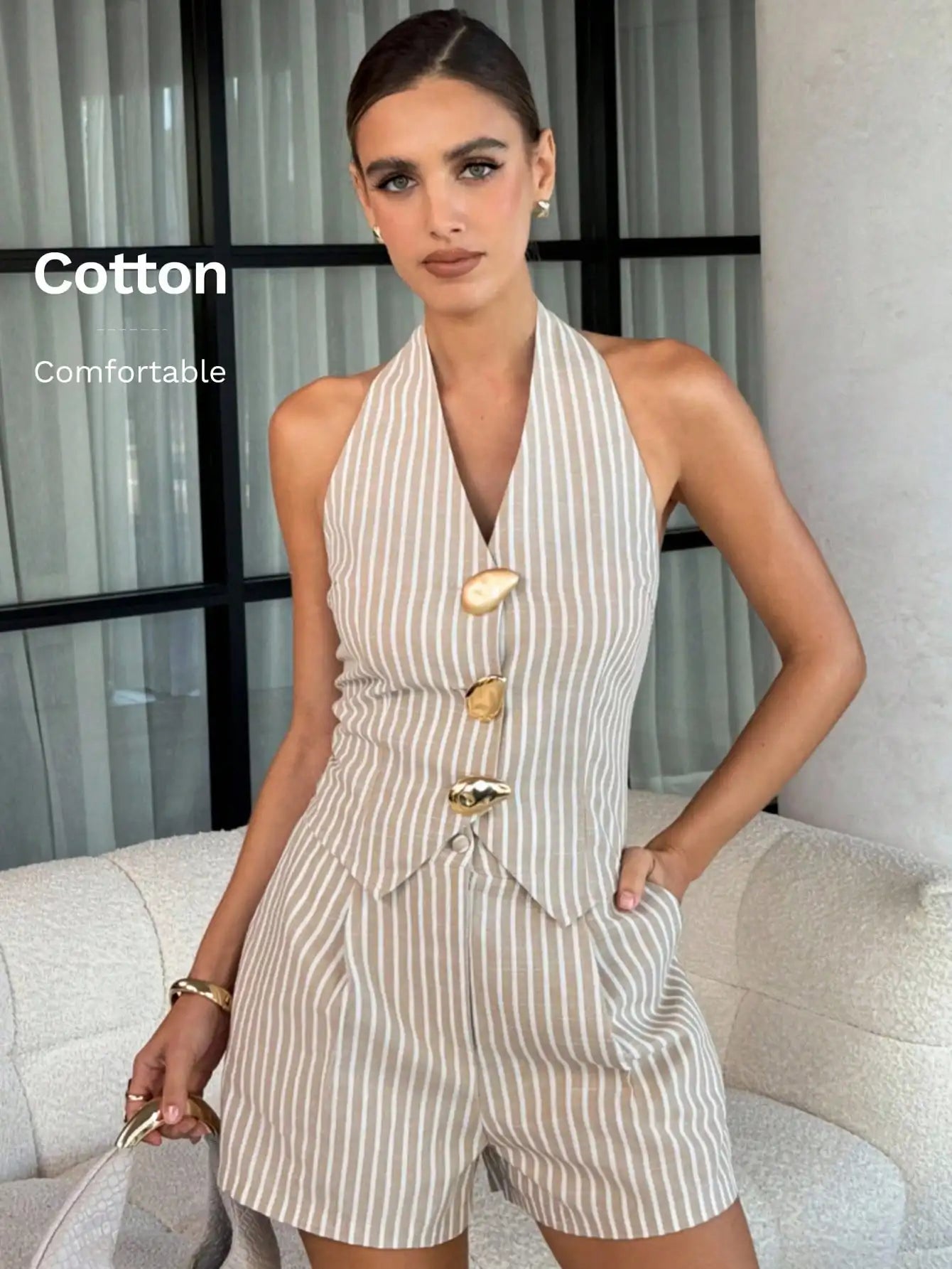 Lavishia 2pcs Women's Striped Metal Decor Halter Crop Top And Shorts Casual Set