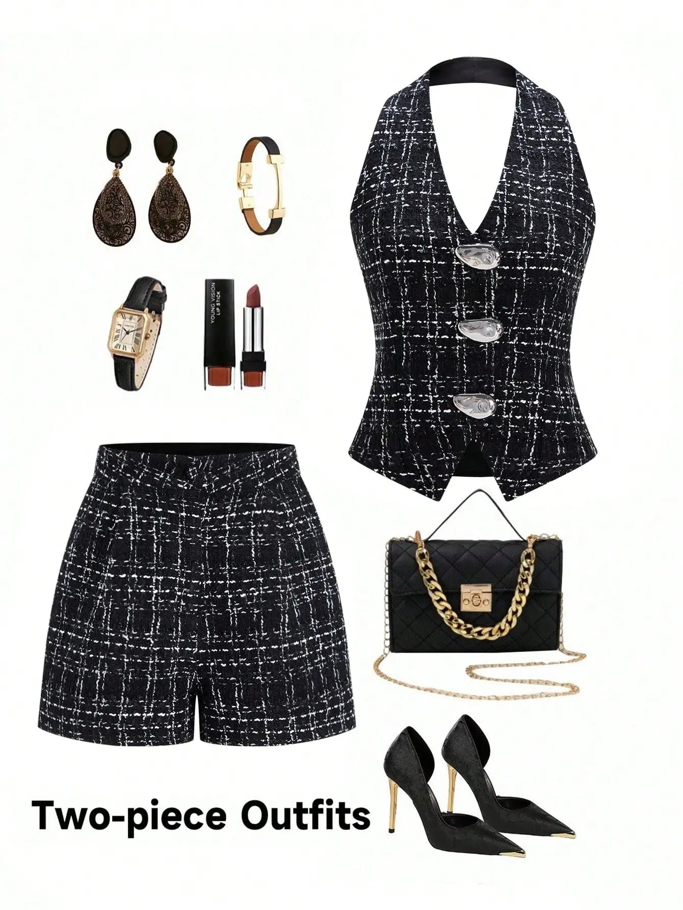 Lavishia 2pcs Women's Striped Metal Decor Halter Crop Top And Shorts Casual Set