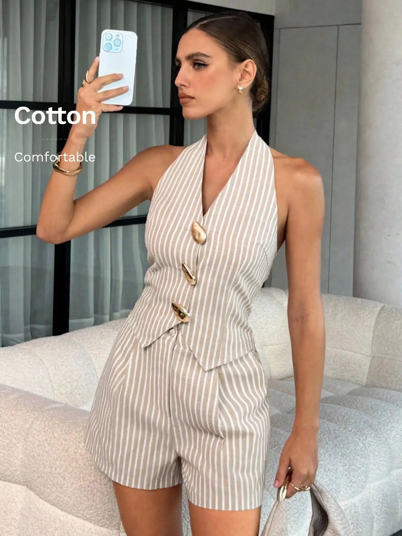 Lavishia 2pcs Women's Striped Metal Decor Halter Crop Top And Shorts Casual Set