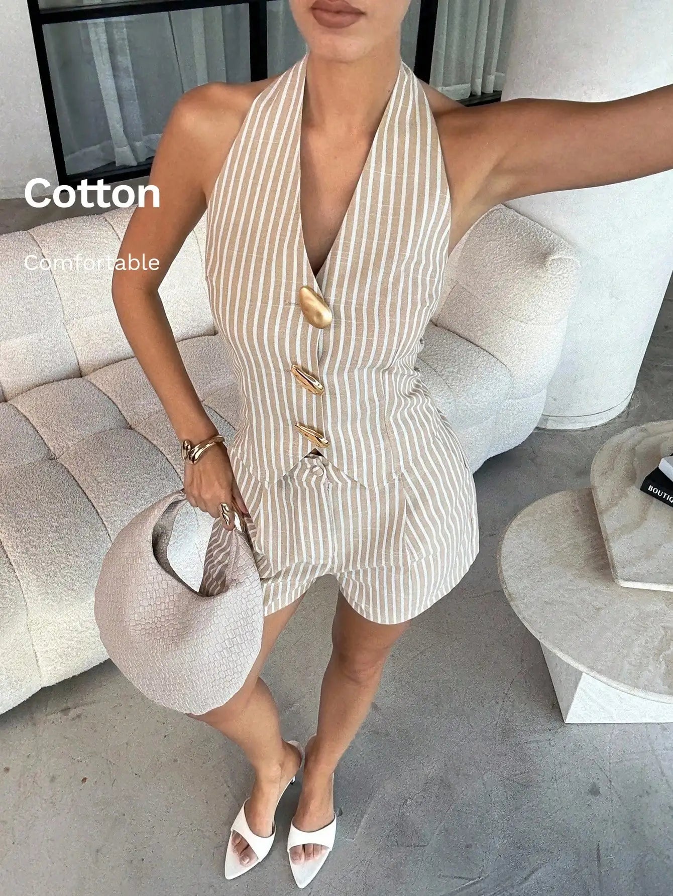 Lavishia 2pcs Women's Striped Metal Decor Halter Crop Top And Shorts Casual Set