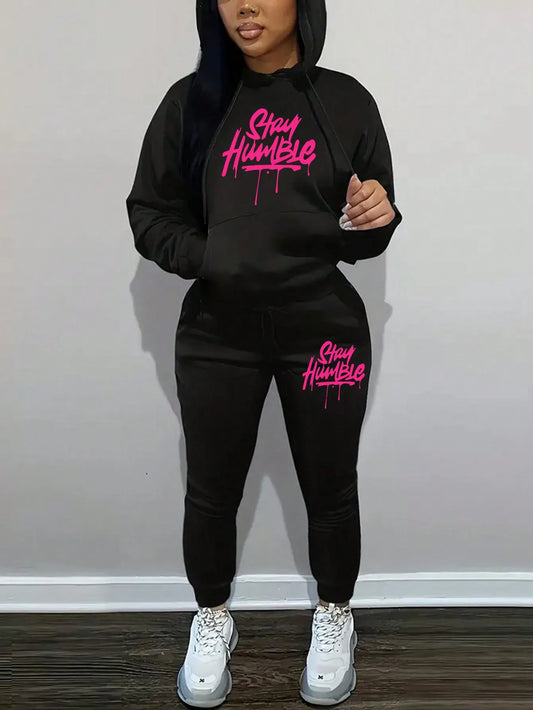 Women's Stay Humble Slogan Print Hoodie and Joggers Matching Set - Casual Streetwear