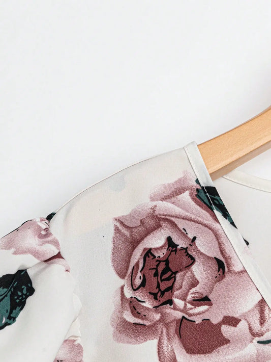 Women's Floral V-Neck Top & Solid Wide-Leg Pants Set with Tie Waist