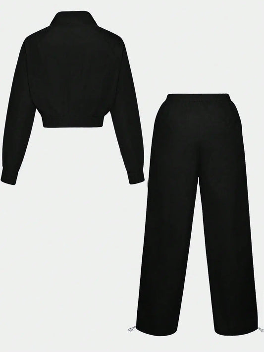 2pcs Women's Black Contrast Stripe Crop Top & Wide Leg Elastic Waist Track Pants Set