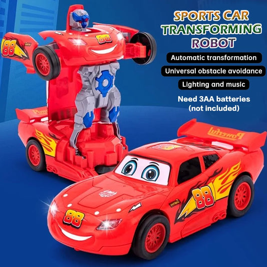 Red racing car transformation robot electric toy, automatic conversion, universal sound and light, perfect baby gift